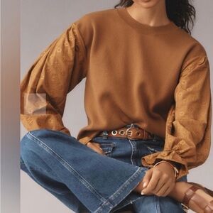 Anthropologie Tan Blouse with Patterned Sleeves